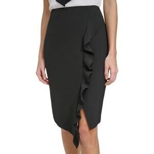 DKNY Black Stretch Drape Twill Asymmetric Ruffled Knee Length Pencil Skirt 4 NWT